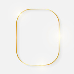 Gold shiny glowing vintage frame with shadows isolated on white background. Golden luxury realistic border. Wedding, mothers or Valentines day concept. Xmas and New Year abstract. Vector illustration
