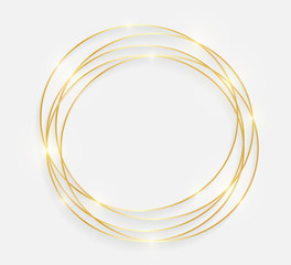 Gold shiny glowing vintage frame with shadows isolated on white background. Decorative golden luxury line border for invitation, card, sale, photo etc. Vector illustration