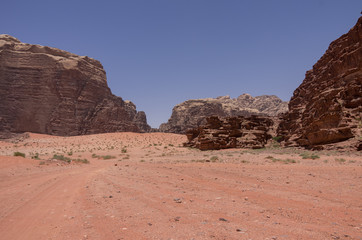 Fototapeta premium Nature, desert and rocks of Wadi Rum (Valley of the Moon), Jordan. UNESCO World Heritage. Panorama