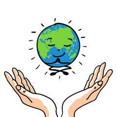 Umweltbewusstsein Erde in Meditation versunken getragen von Händen