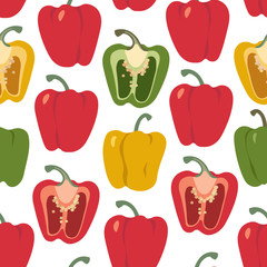   Bell pepper seamless pattern. Red, green, yellow sweet paprika on a white background 