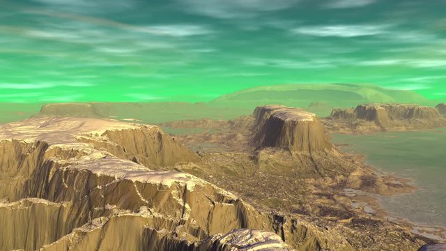 Fantasy alien planet. Mountain and water. Animation. Panorama. 4K