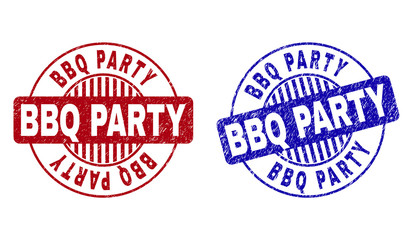 Grunge BBQ PARTY round stamp seals isolated on a white background. Round seals with grunge texture in red and blue colors. Vector rubber overlay of BBQ PARTY tag inside circle form with stripes.