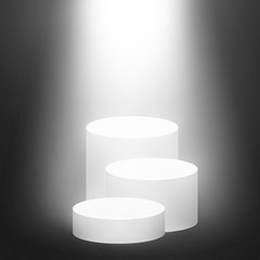 Round pedestal sanctified with light. Empty white podium illuminated mockup isolated on black background. Champion, first place, award, win, winner, award stair concept design. Vector