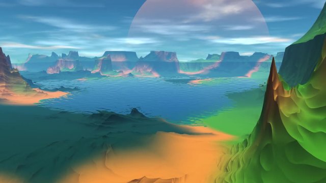 Fantasy alien planet. Mountain and water. Animation. Panorama. 4K
