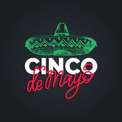 Cinco De Mayo, hand lettering. Translation from Spanish 5 May. Vector calligraphy with illustration of sombrero.