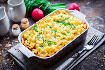 Chicken stuffing casserole with pasta.