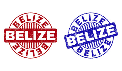 Grunge BELIZE round stamp seals isolated on a white background. Round seals with grunge texture in red and blue colors. Vector rubber imprint of BELIZE caption inside circle form with stripes.