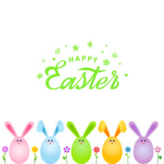 Bright greeting card with handwritten inscription Happy Easter. Retro lettering. Easter bunny in the form of eggs on the background of green grass and spring flowers. vector