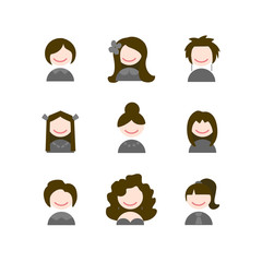 Female faces avatars. Girl icons. Happy people with different hairstyles. Vector illustration