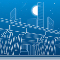 City architecture and infrastructure illustration, automotive overpass, big bridge, urban scene. Night town. White lines on blue background. Vector design art
