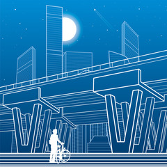 City architecture and infrastructure illustration, automotive overpass, big bridge, urban scene. Night town. White lines on blue background. Vector design art