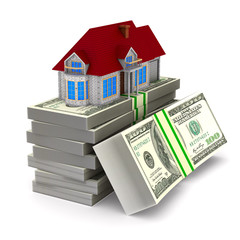 House and cash on white background. Isolated 3D illustration