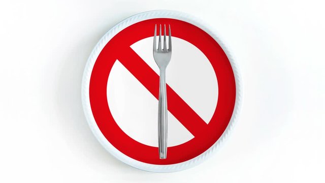 prohibition of food. 4K loop animation of a fork that rotates like a clock in a empty plate with a red prohibitive sign