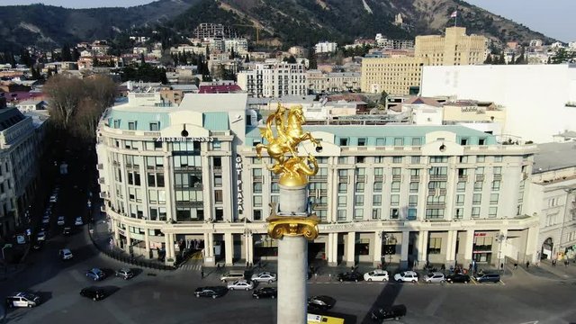 St. George monument of liberty in Tbilisi with the circle road around it, aerial footage in 4k