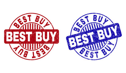 Grunge BEST BUY round stamp seals isolated on a white background. Round seals with grunge texture in red and blue colors. Vector rubber imitation of BEST BUY label inside circle form with stripes.