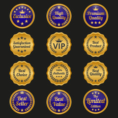 Collection of golden labels on black background.