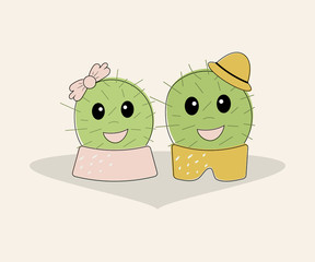 Funny simple naive cute cactus pair:girl with pink bow and boy with yellow hat.For decoration of children t-shirts,dresses, pajamas,bed linen,underwear,pillowcases and pillows.Vector illustration