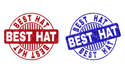 Grunge BEST HAT round stamp seals isolated on a white background. Round seals with grunge texture in red and blue colors. Vector rubber watermark of BEST HAT title inside circle form with stripes.