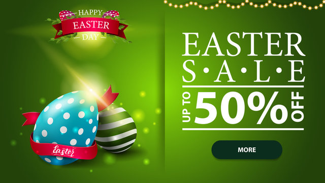 Easter sale, green horizontal discount modern banner with button and Easter bunny
