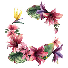 Watercolor wreath of tropical flowers and leaves on white background