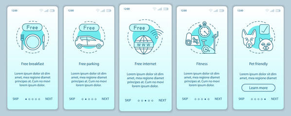 Room amenities onboarding mobile app page screen vector template