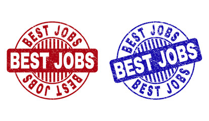 Grunge BEST JOBS round stamp seals isolated on a white background. Round seals with distress texture in red and blue colors. Vector rubber overlay of BEST JOBS label inside circle form with stripes.