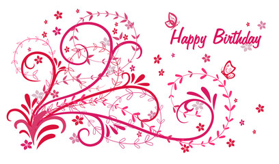 Birthday card. Greeting card in vintage style on a white background. Abstract bush with curly branches.  Happy Birthday