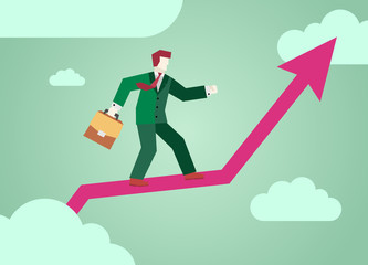 Businessman flying graph arrow on sky. Financial subordinates business success and development. Concept flat design vector illustration clip art