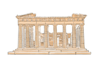 Hand drawn color illustration of Parthenon.Acropolis, Athens,Greece.