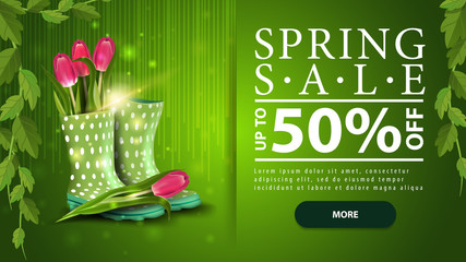 Spring sale, green horizontal discount modern banner with button and rose in the watering can