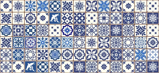 Deurstickers Portugese tegeltjes Blauw Portugees tegelspatroon - Azulejos-vector, mode-interieurontwerptegels