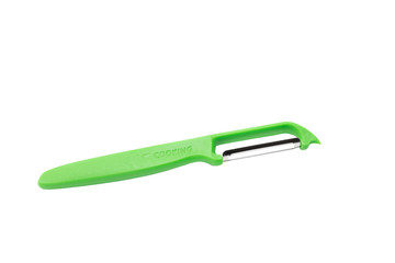 Vegetable peeler. Isolated on white background, top view, close up.