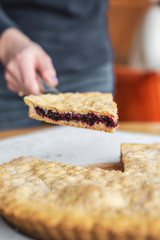A stylish photo of a piece of a thin pie with fruit filling. Brown cake with berries.