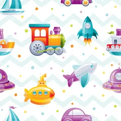 Keuken foto achterwand Auto Cartoon speelgoed vervoer naadloze patroon. Leuke 3d jongensboot, auto, vliegtuig, onderzeeër, zeilschip, trein, raket, behangontwerp. Leuke vectorillustratie geïsoleerd op zig zag polka dot getekende background