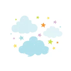 Fototapete Cute baby clouds with stars, doodle drawing, hand drawn style. Sweet blue vector illustration for boy print, banner, t-shirt. Sky dream watercolor sketch isolated on white background. © Olga Che