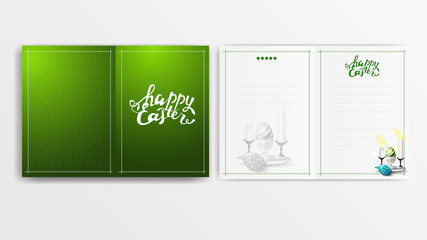 Modern green postcard for Easter ready for printing with Easter eggs and candles