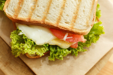 Closeup juicy sandwich with bacon, fresh vegetables, green salad and dark lines after grill
