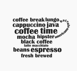 Fototapeta na wymiar Coffee cup made of coffee words text.