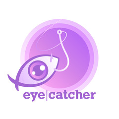 Eye-catcher. Vivid purple icon of clickbait. User's eye in the shape of fish. Metaphoric logo means a tricky online promo with a viral teasers, fake news. Symbol of virtual bait. Trendy vector sticker