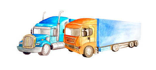 Two couple semi trucks lorry of different colors, truck models and designs parked on a white background isolated in watercolor style
