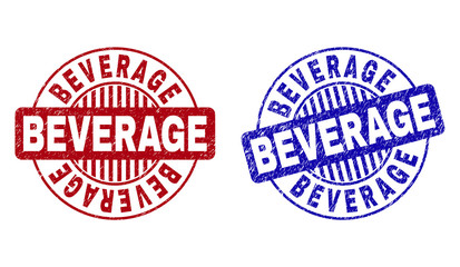 Grunge BEVERAGE round stamp seals isolated on a white background. Round seals with grunge texture in red and blue colors. Vector rubber watermark of BEVERAGE text inside circle form with stripes.