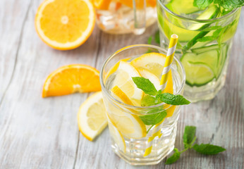 Infused water with fresh citrus fruits and ice