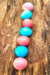 Easter concept pink (rosy) and blue eggs. On wooden bark background