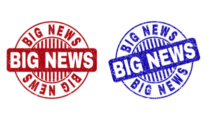 Grunge BIG NEWS round stamp seals isolated on a white background. Round seals with grunge texture in red and blue colors. Vector rubber watermark of BIG NEWS text inside circle form with stripes.