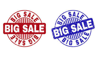 Grunge BIG SALE round stamp seals isolated on a white background. Round seals with grunge texture in red and blue colors. Vector rubber watermark of BIG SALE tag inside circle form with stripes.