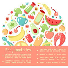 Information poster concept with baby food rules and signs. Flat style vector illustration