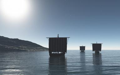 Viking Longships Approaching on a Moonlit Night, 3d illustration
