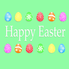 illustration collection of easter eggs and text happy easter on green background