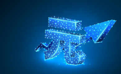 Growth arrow chart, China Yuan currency sign, digital neon 3d illustration. Polygonal Raster business, success, data cash, finance concept. Low poly wireframe, triangle, lines, dots. Blue background